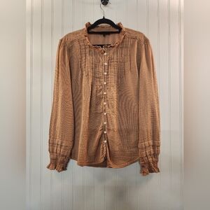 Quince Women's Beige Organic Textured Cotton Peasant Blouse Size L Smock Cuff